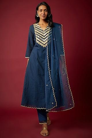 blue pure chanderi machine embroidered kurta set