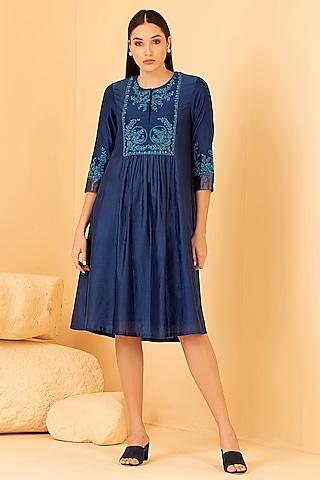 blue pure chanderi thread embroidered dress