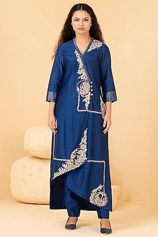 blue pure chanderi zari embroidered tunic set