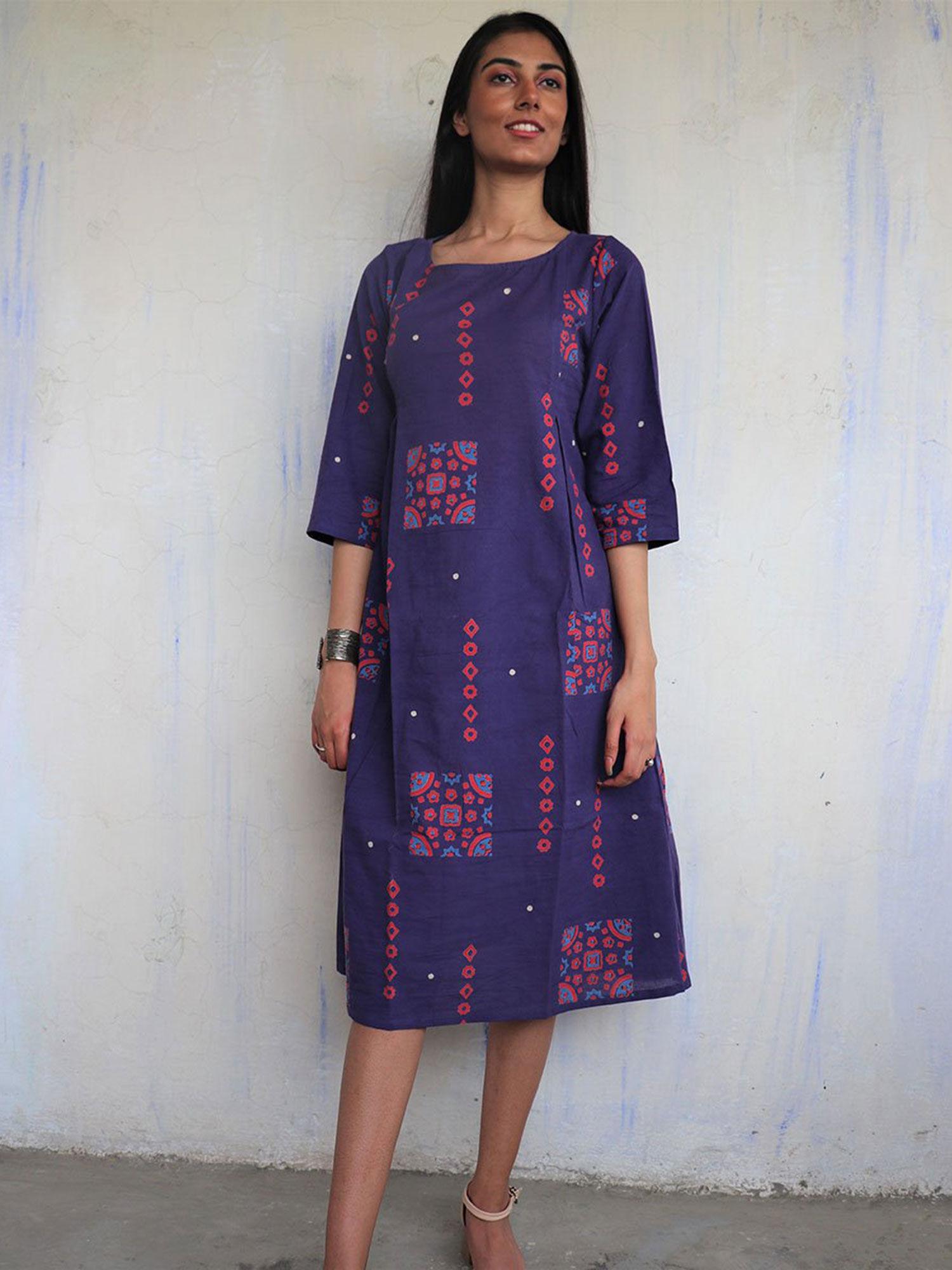 blue pure cotton block printed dress ajooni