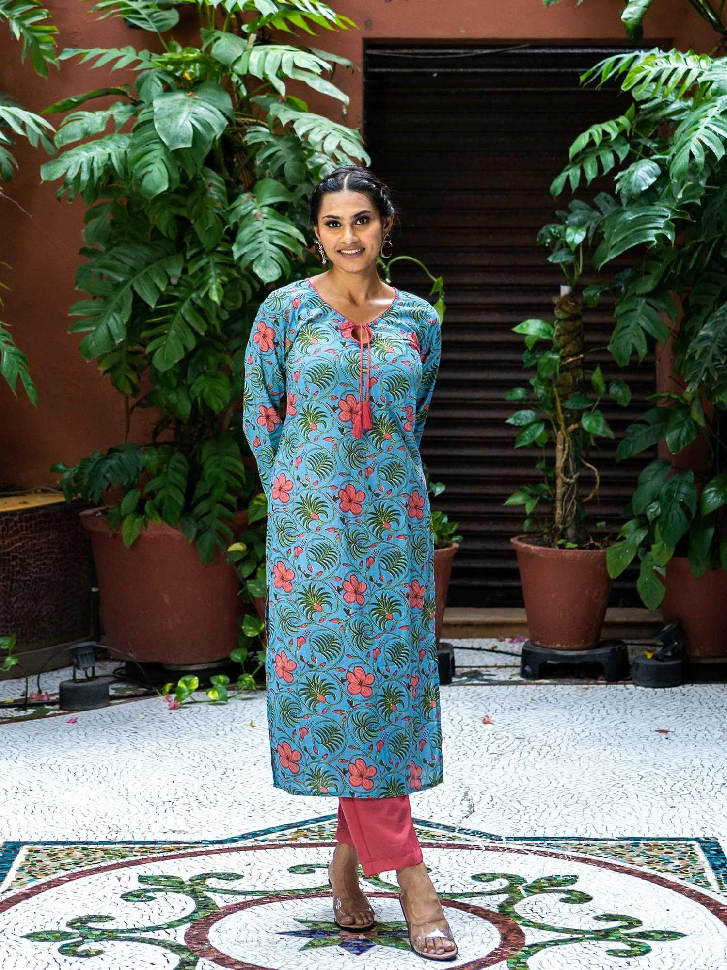 blue pure cotton block printed kurta