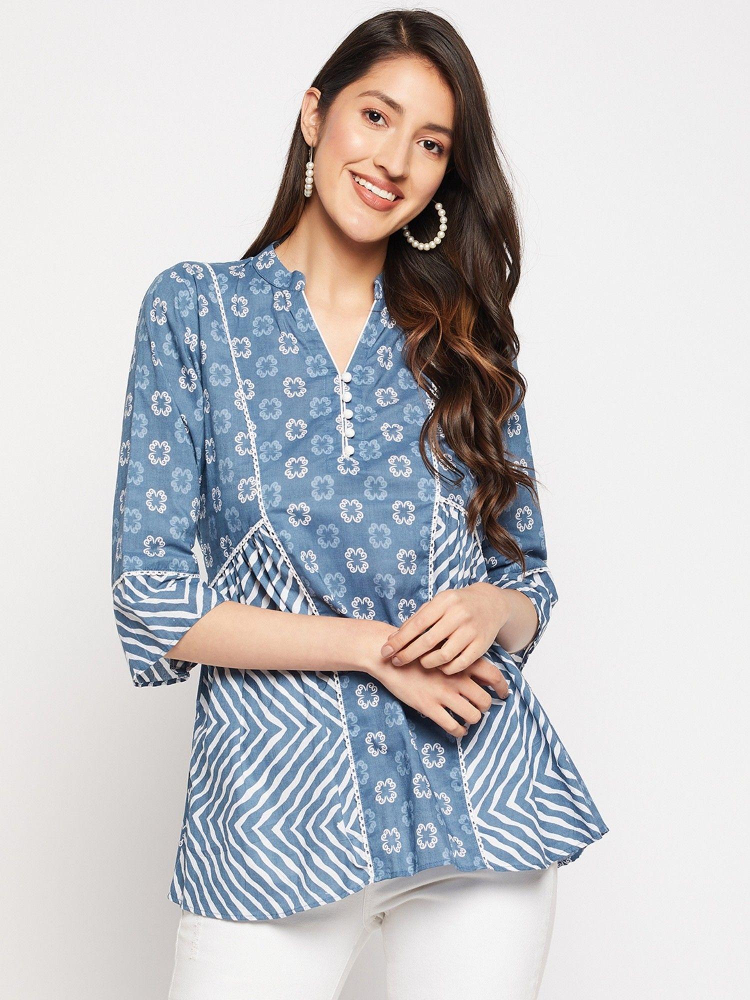 blue pure cotton cambric floral printed a-line tunic