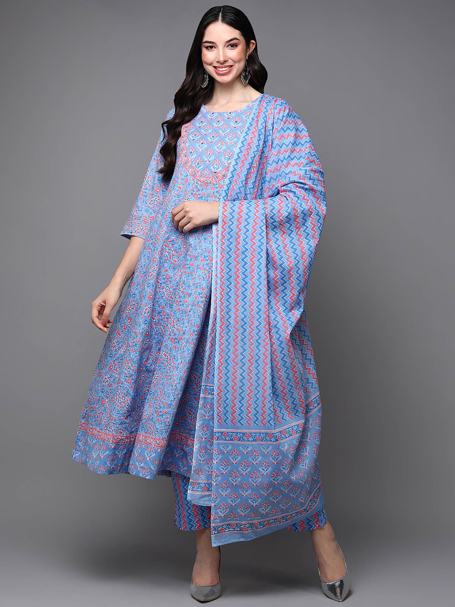 blue pure cotton ethnic motifs printed anarkali kurta pants with dupatta (set of 3)