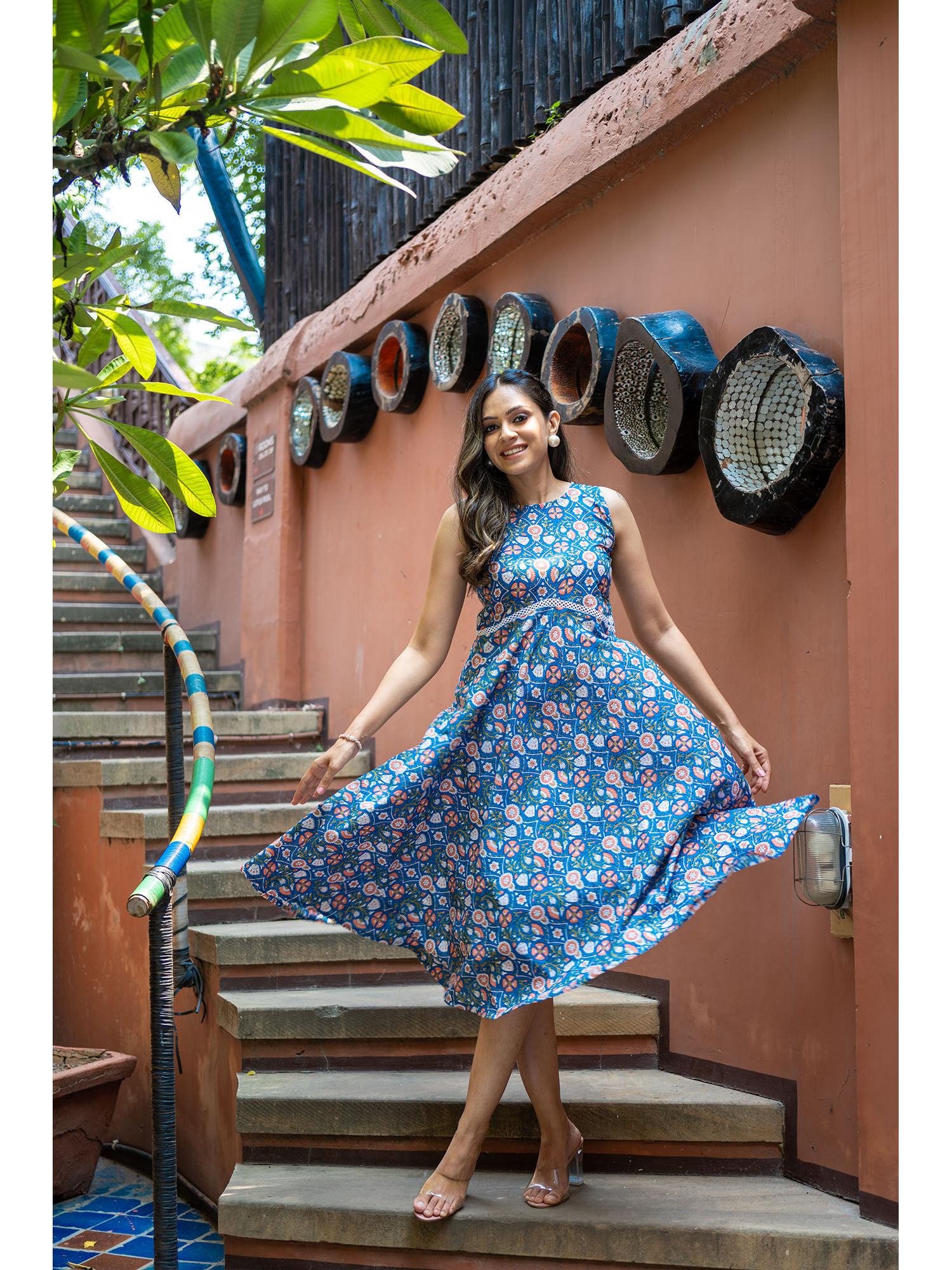 blue pure cotton floral dress