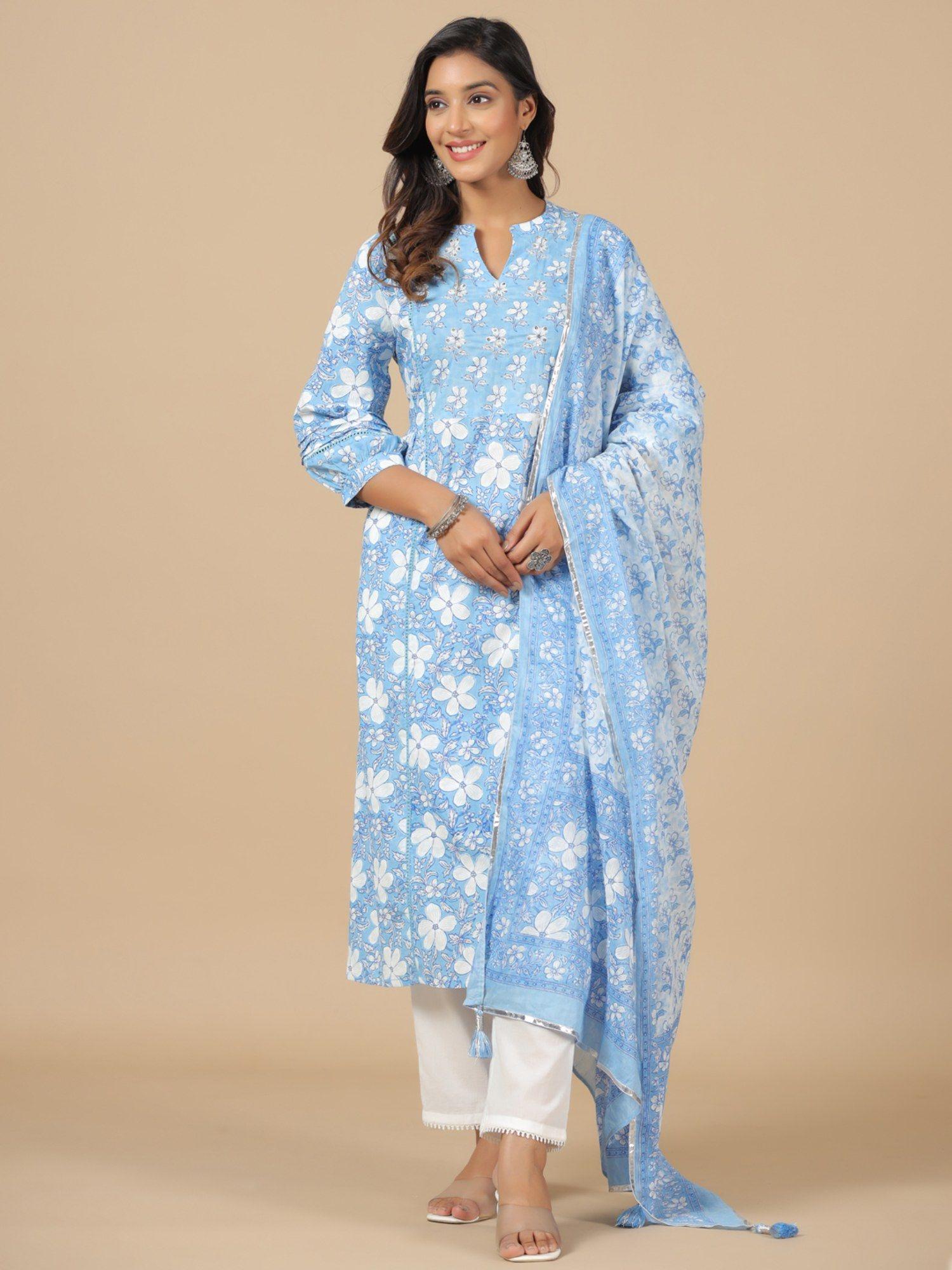 blue pure cotton floral print straight kurta with pant & dupatta (set of 3)