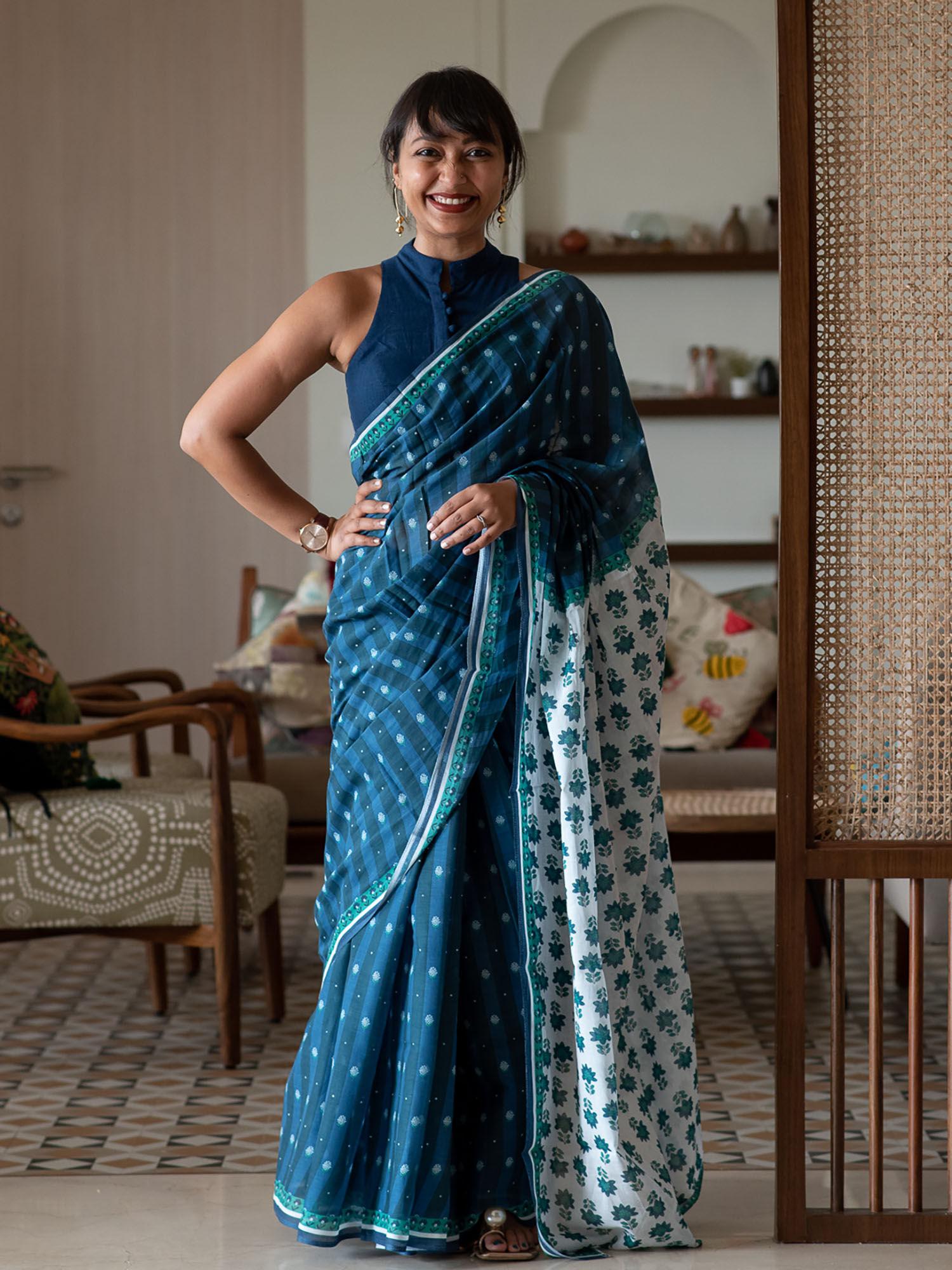 blue pure cotton floral printed saree