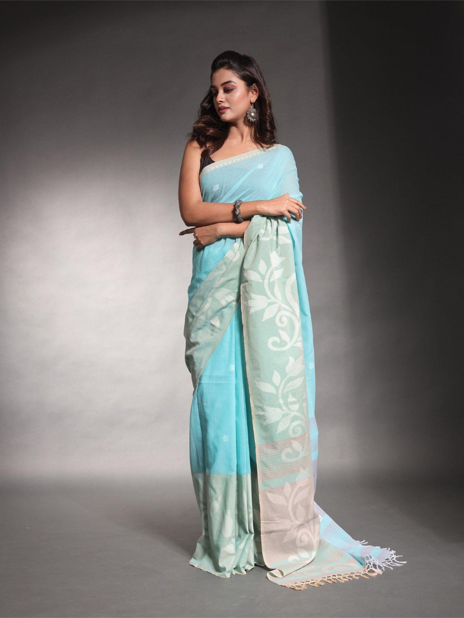 blue pure cotton soft saree with unstitched blouse