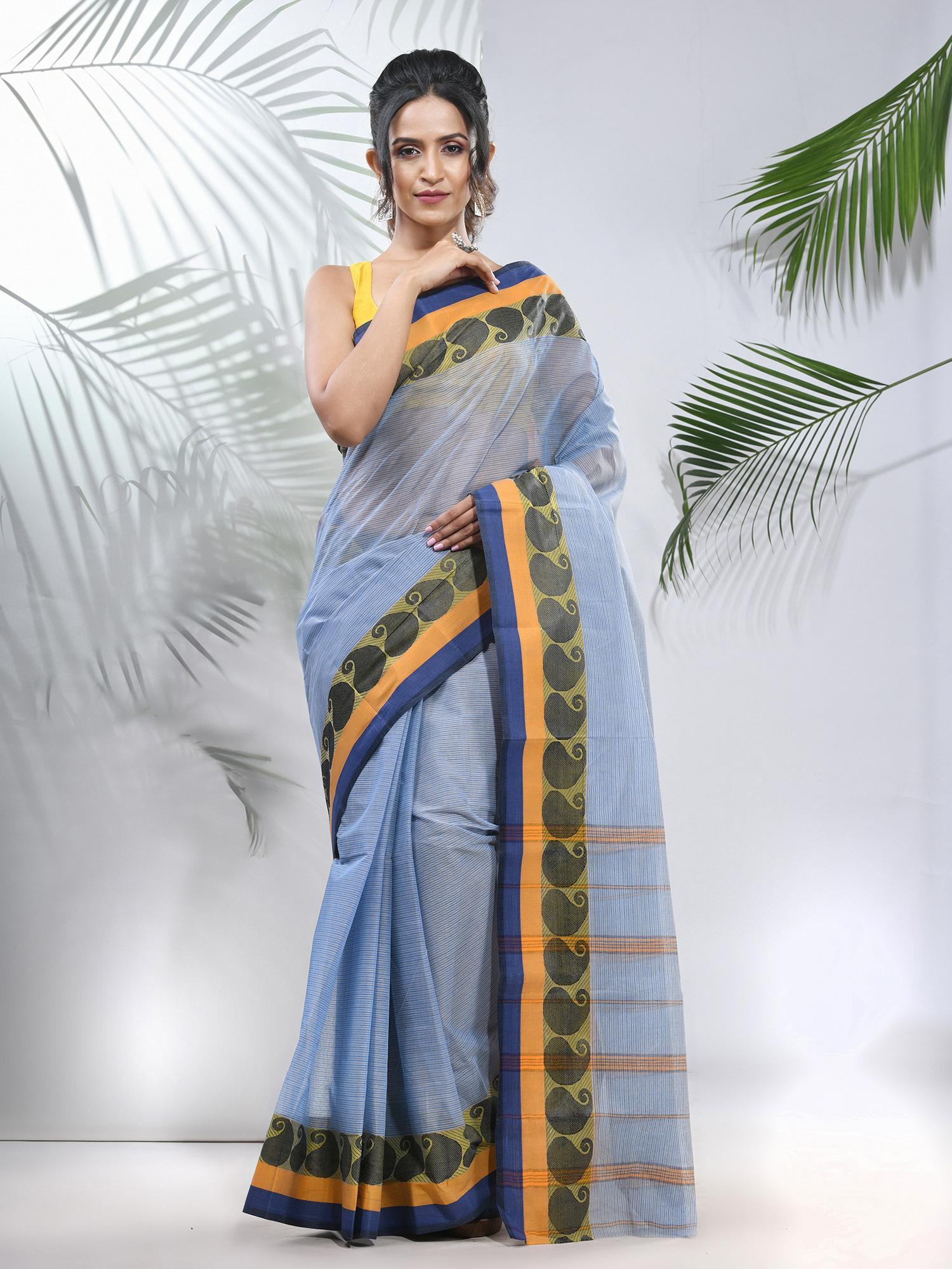 blue pure cotton tant woven designs saree without blouse