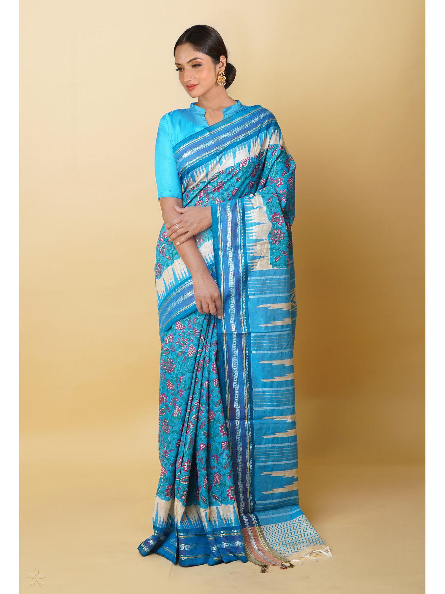 blue pure handloom hand block print vidarbha tussar silk saree with unstitched blouse