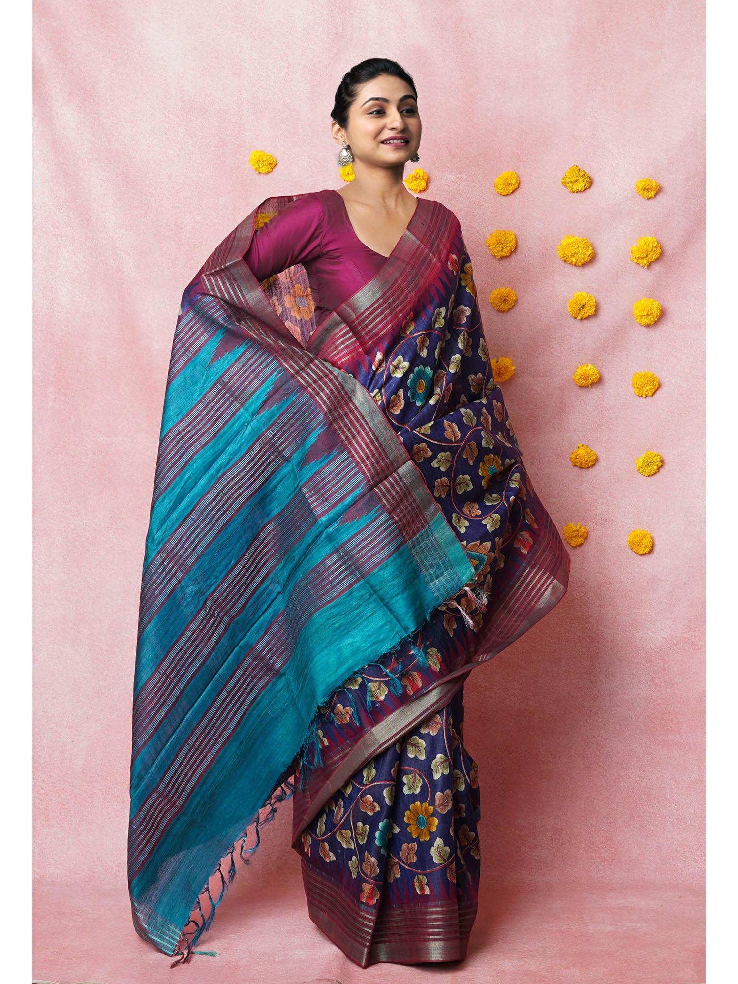 blue pure handloom kalamkari printed tussar silk saree with unstitched blouse