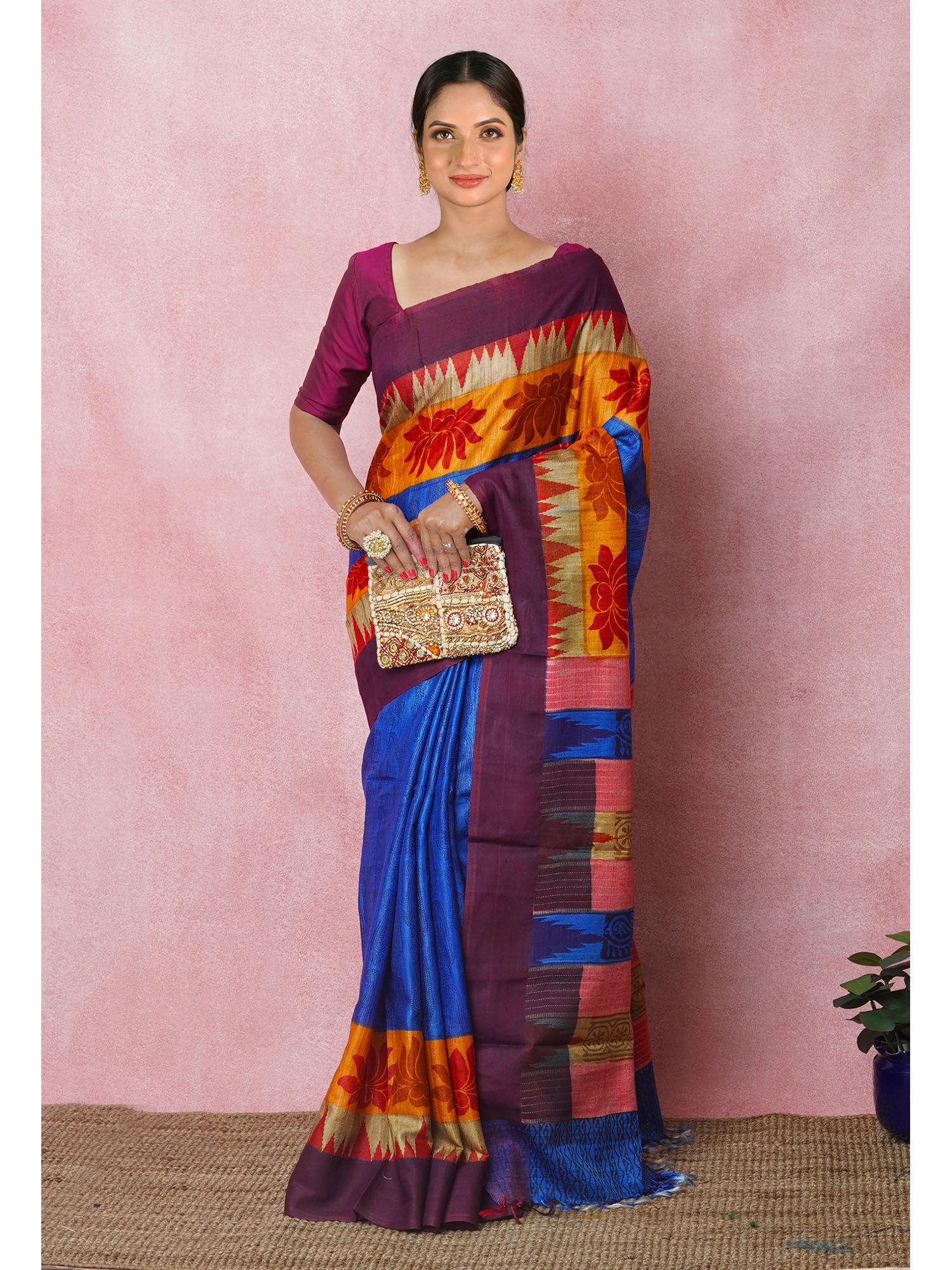 blue pure handloom print-woven vidarbha tussar silk saree with unstitched blouse