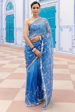 blue pure kota silk gota patti embellished saree set