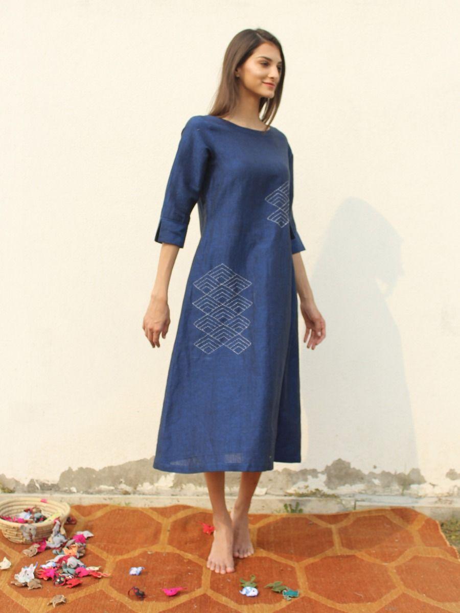 blue pure linen dress with hand emroidery