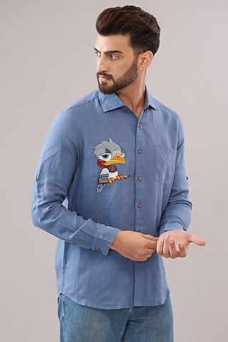 blue pure linen embroidered shirt