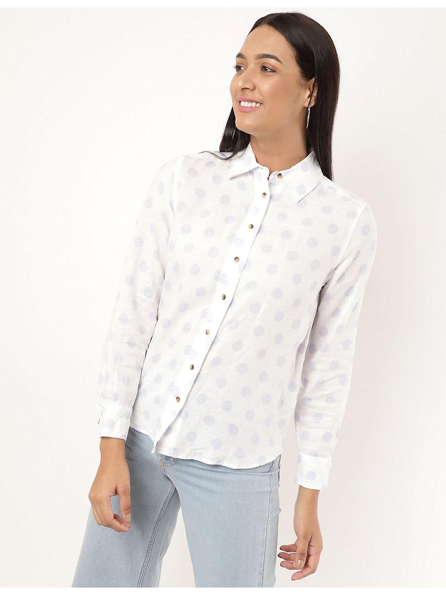 blue pure linen polka dot spread collar shirt