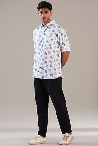 blue pure linen printed shirt