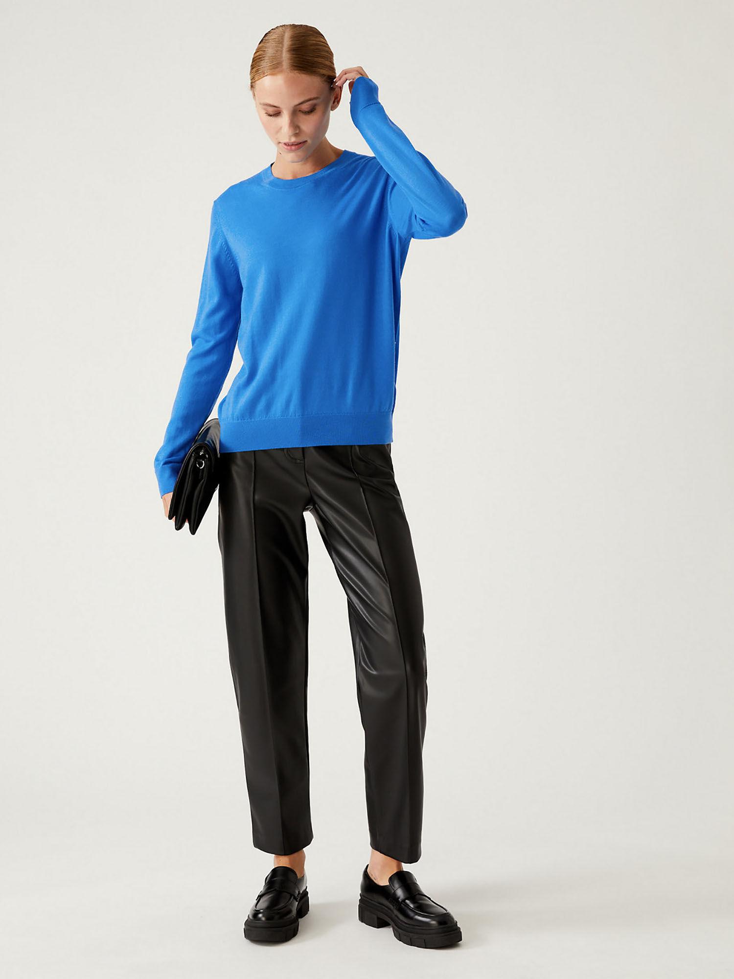 blue pure merino wool crew neck sweater