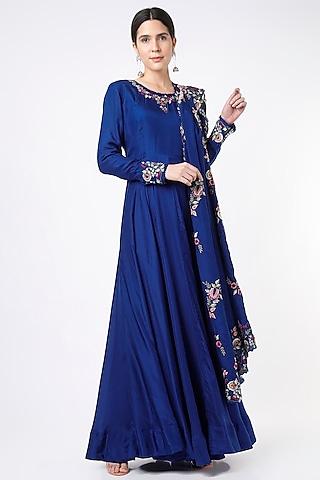 blue pure silk anarkali set