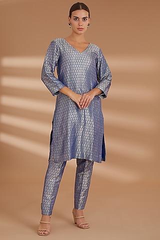 blue pure silk brocade tunic set