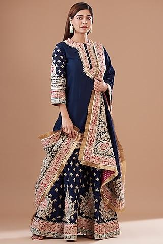 blue pure silk chanderi embroidered sharara set for girls