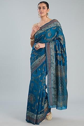 blue pure silk handloom zari embroidered banarasi saree set