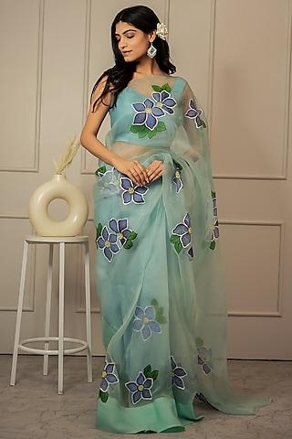 blue pure silk organza floral hand-painted saree set