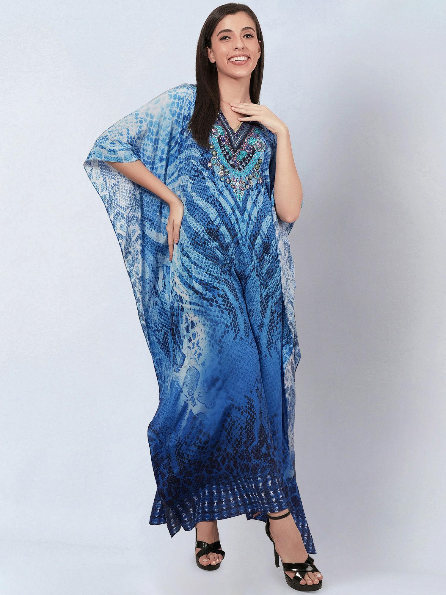 blue python print embellished silk full length kaftan