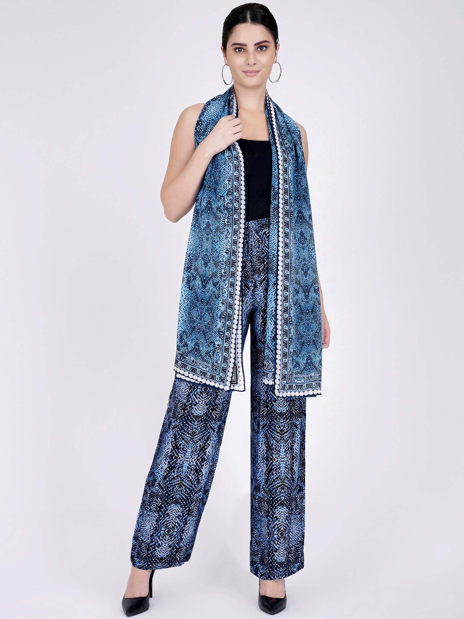 blue python print palazzo and stole set (set of 2)