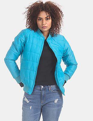 blue quilted bomber jacket