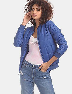 blue quilted bomber jacket