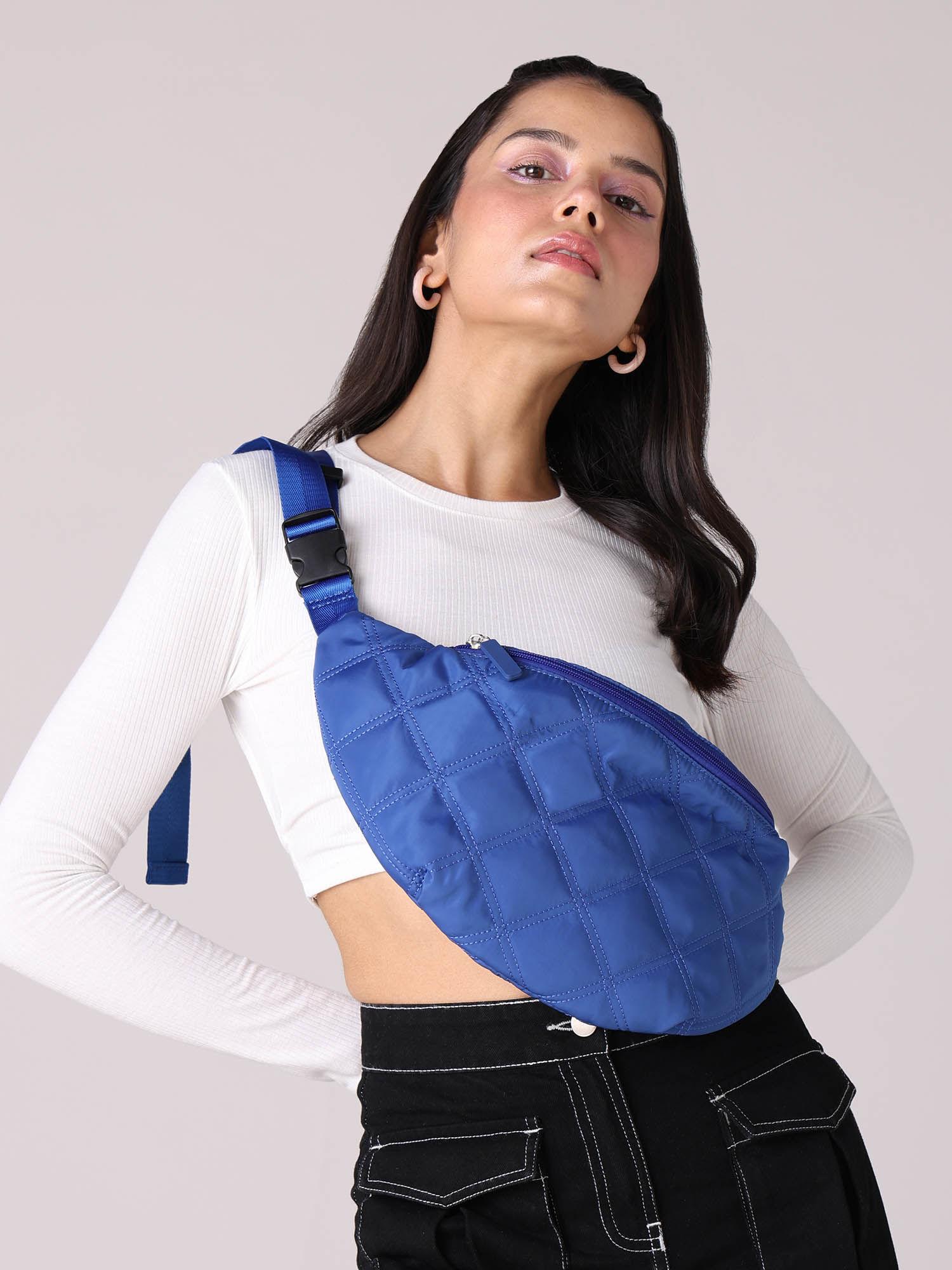 blue quilted crossbody fanny pack