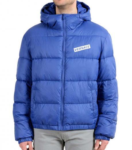 blue quilted logo puffer jacket