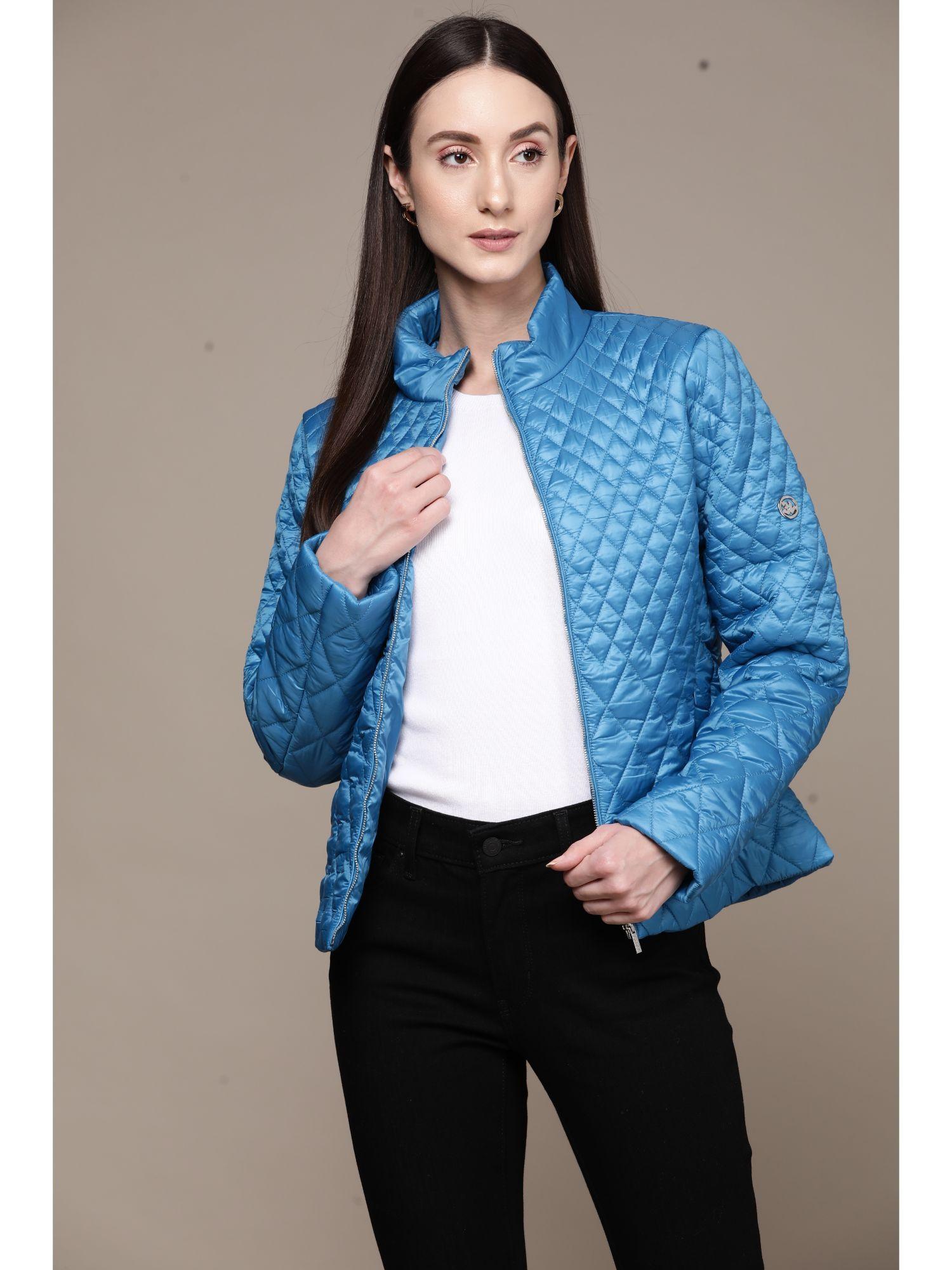 blue quilted puffer jacket