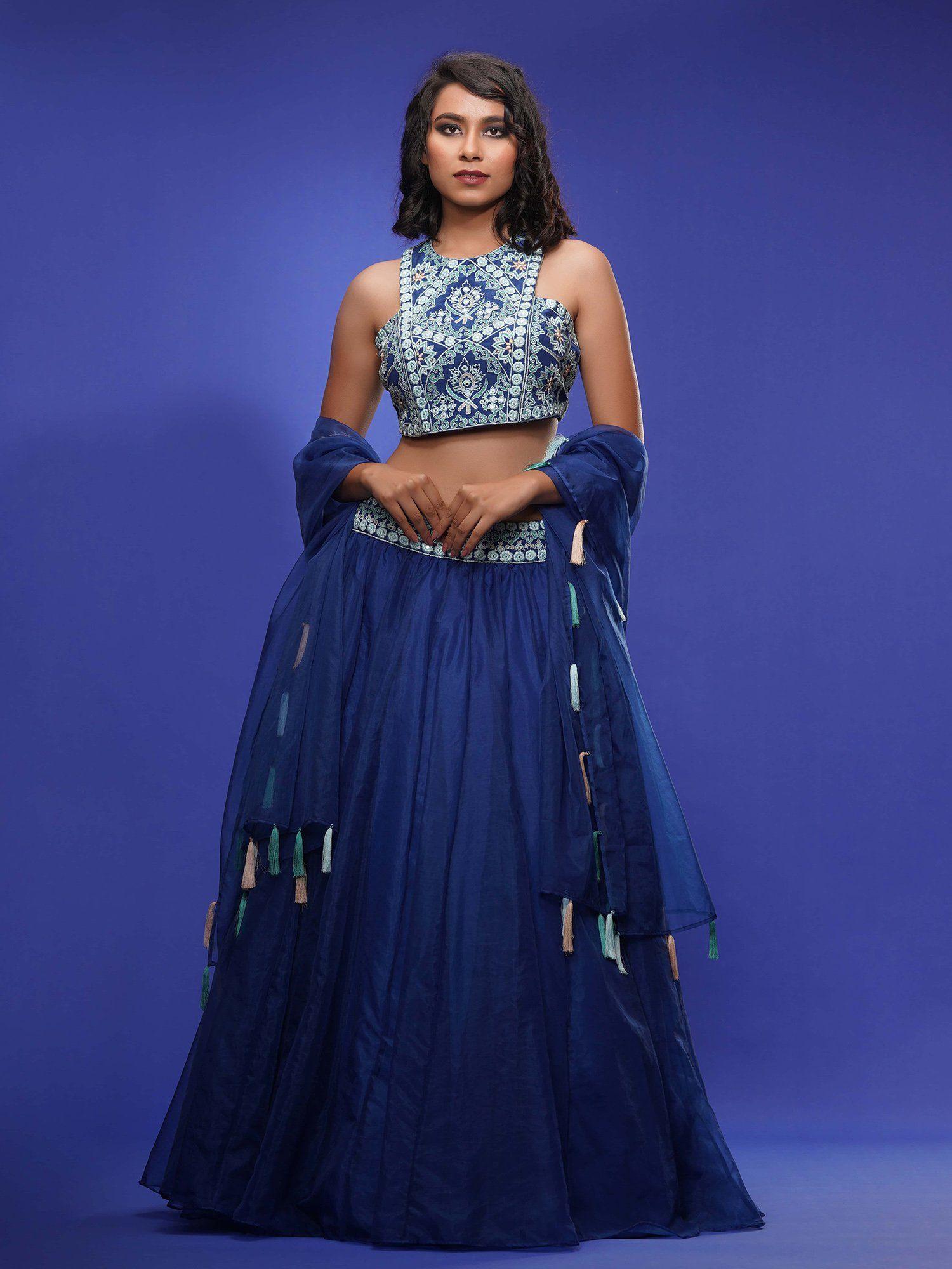 blue racer blouse lehenga (set of 3)