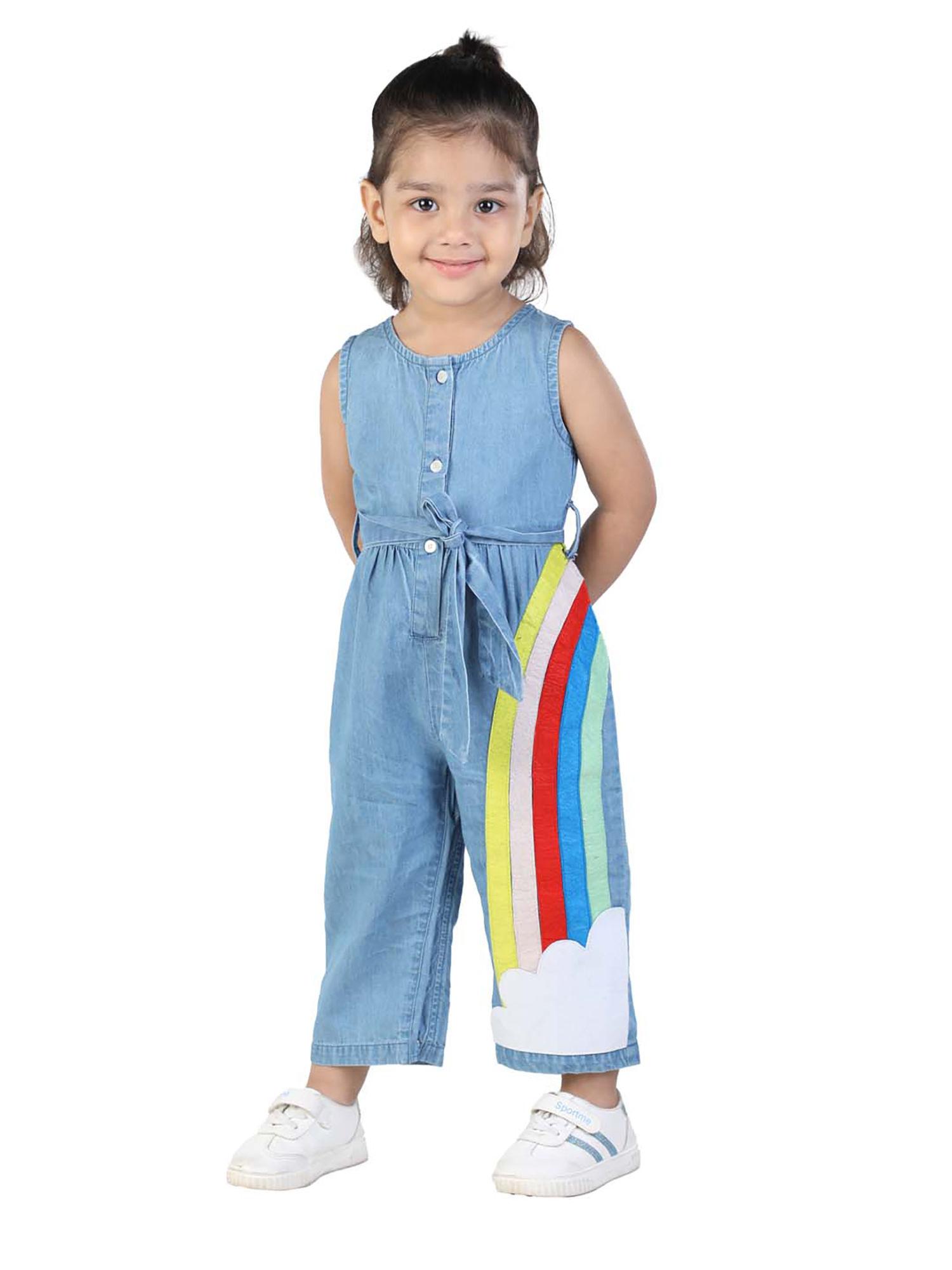 blue rainbow felt girls denim jumpsuit with belt (set of 2)