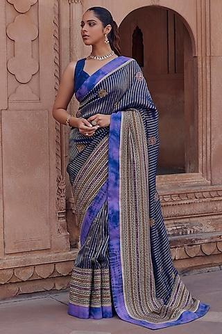 blue raw silk & organza tissue dori embroidered saree set