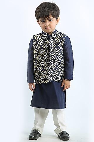 blue raw silk applique work bundi jacket set for boys