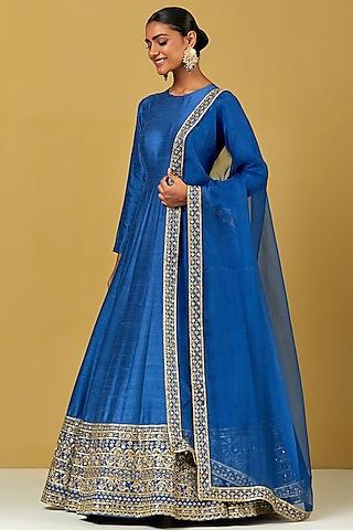 blue raw silk hand embroidered anarkali set