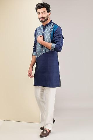 blue raw silk patchwork short kurta set