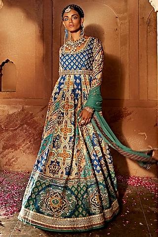 blue raw silk printed & hand adda work anarkali set