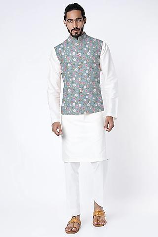 blue raw silk printed nehru jacket