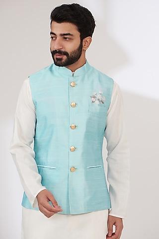 blue raw silk printed nehru jacket