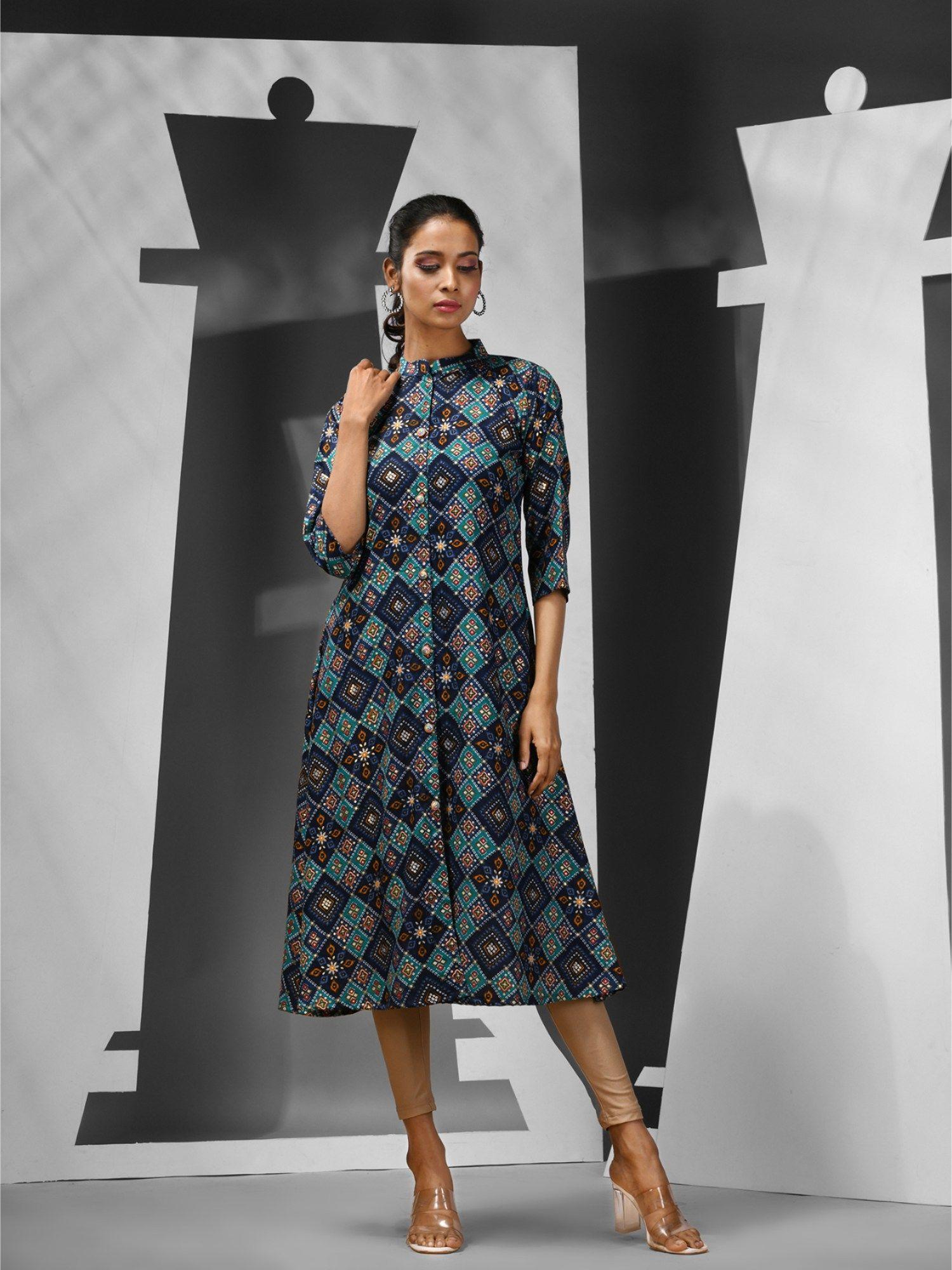 blue rayon bandhani printed a-line kurta