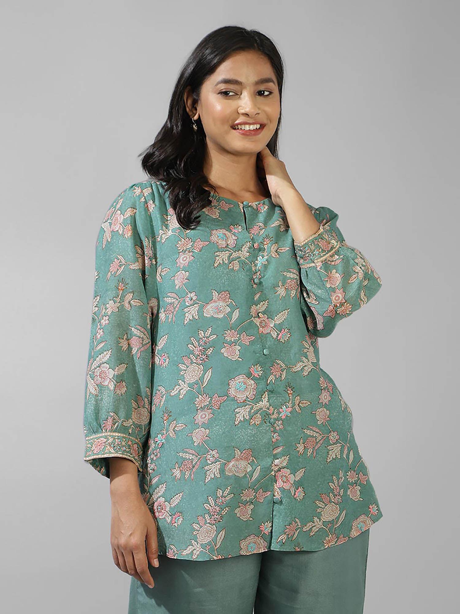 blue rayon blend embroidered tunic