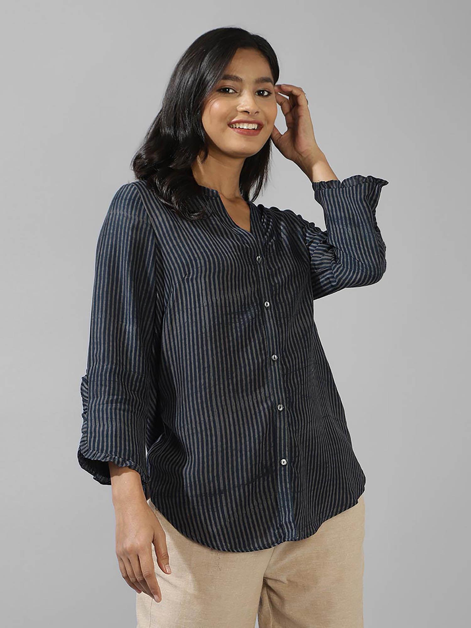 blue rayon blend hand block printed shirt