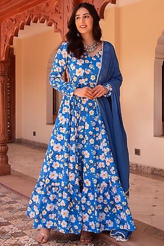 blue rayon embroidered anarkali set