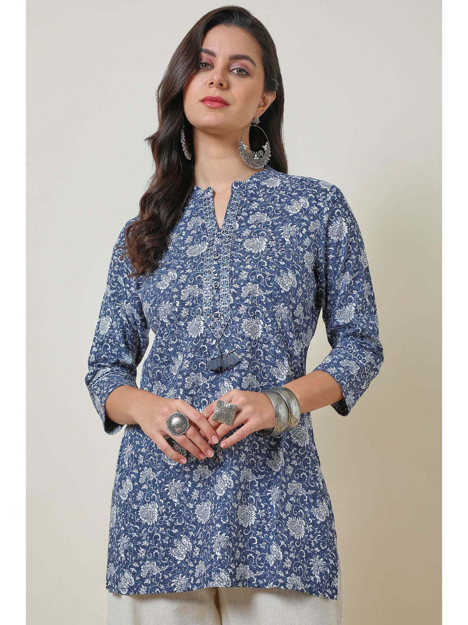 blue rayon ethnic motifs print tunic