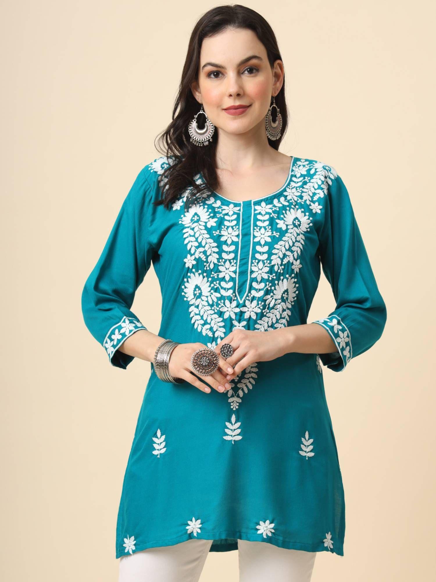 blue rayon lucknowi chickankari work kurti