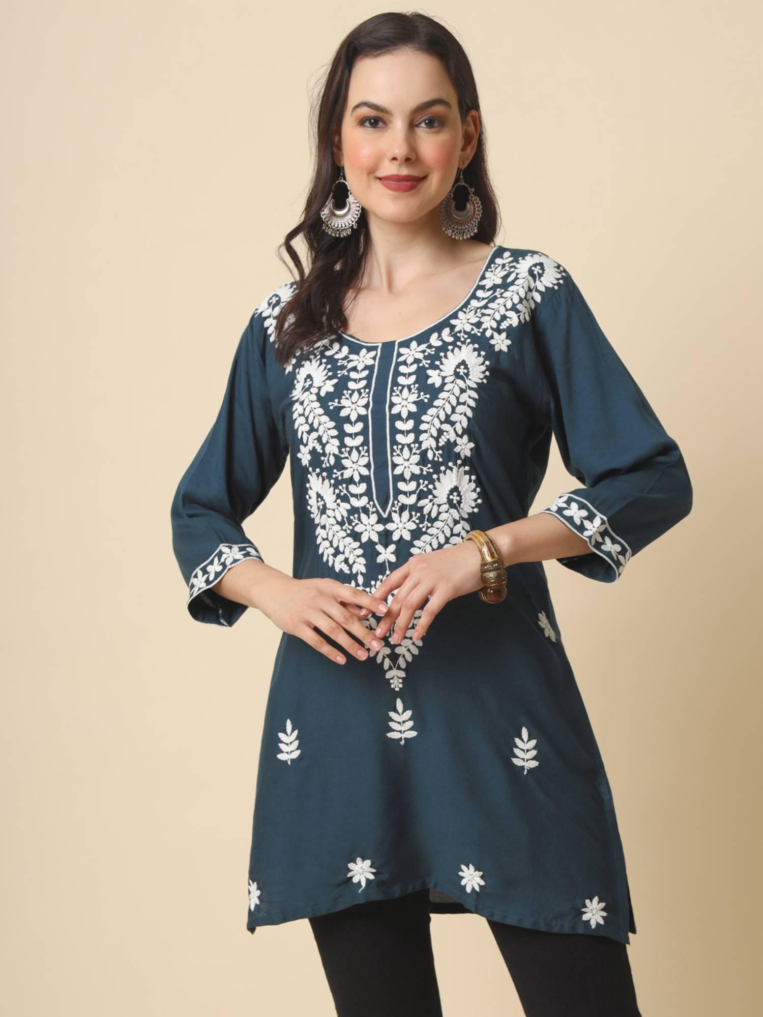 blue rayon lucknowi chickankari work kurti