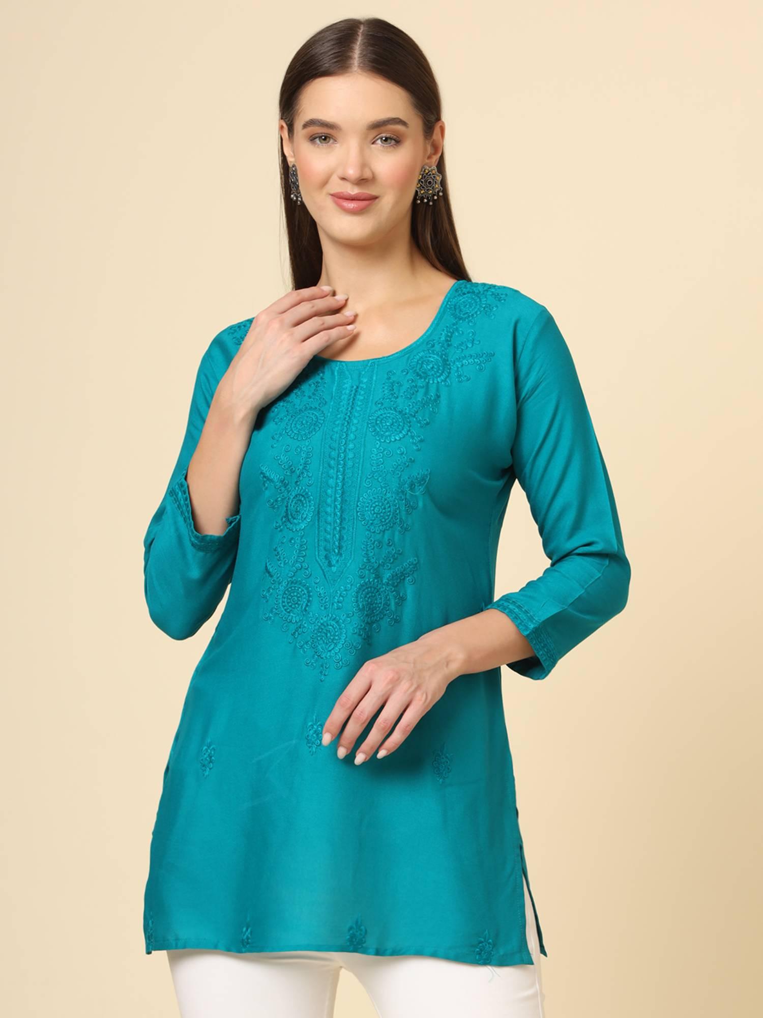 blue rayon lucknowi chickankari work kurti